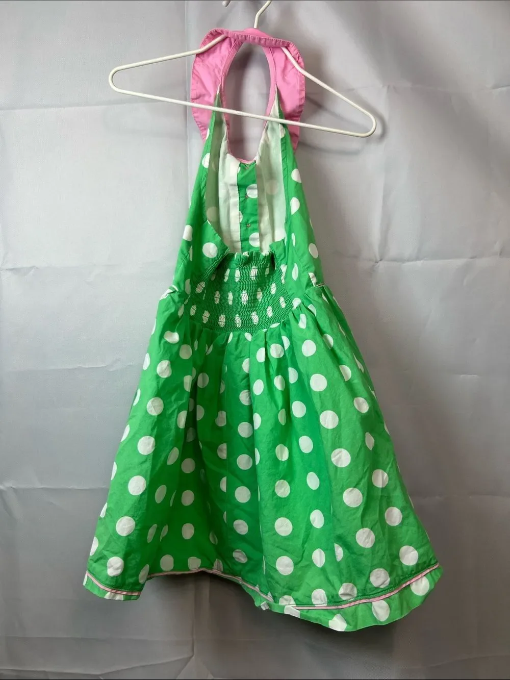 Mini Boden green and white polkadot smocked back halter dress Peter Pan collar